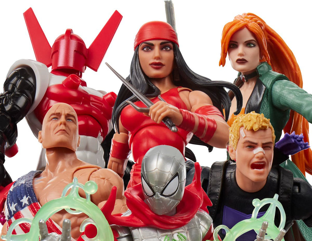 A group of Marvel action figures posed together against a plain white background, including characters in red, black, green, silver, and flesh tones.