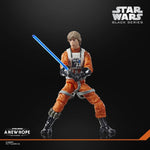 Star Wars Black Series Luke Skywalker X-Wing Pilot action figure by Hasbro in detailed costume, holding a lightsaber.