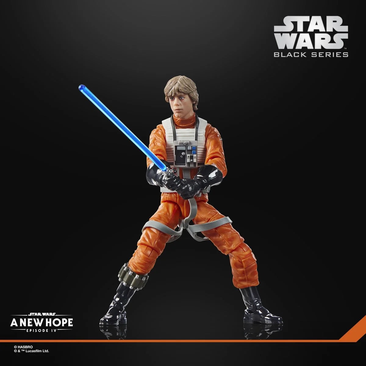 Star Wars Black Series Luke Skywalker X-Wing Pilot action figure by Hasbro in detailed costume, holding a lightsaber.