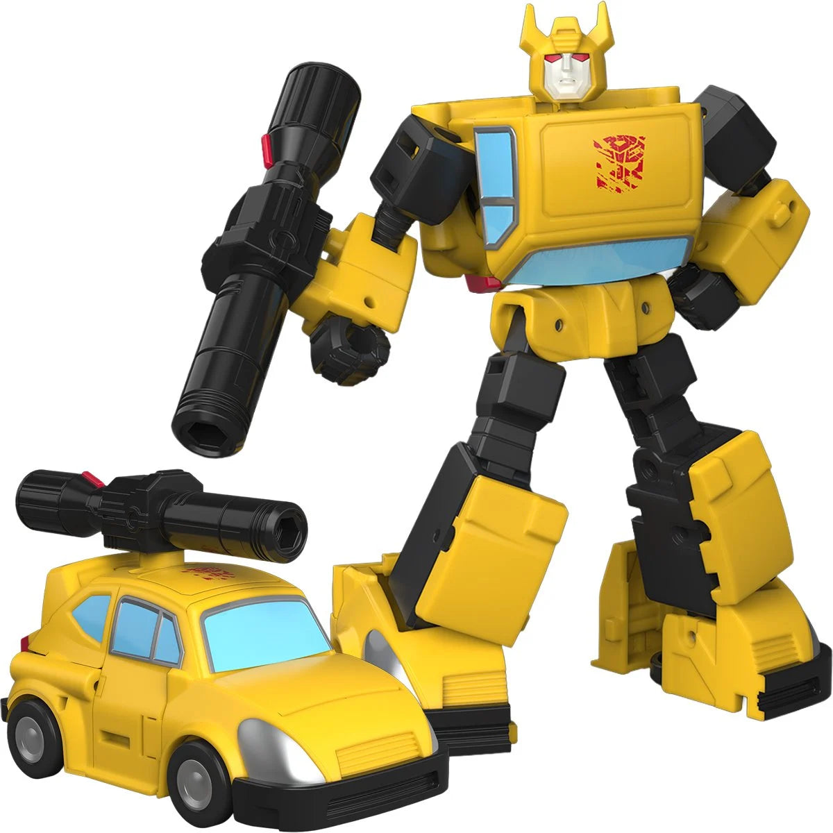 A yellow and black toy robot figure with a red Autobot-style emblem on the chest, holding a large black gun-like accessory, shown beside a small matching yellow car with a mounted black gun on top, all on a plain white background.