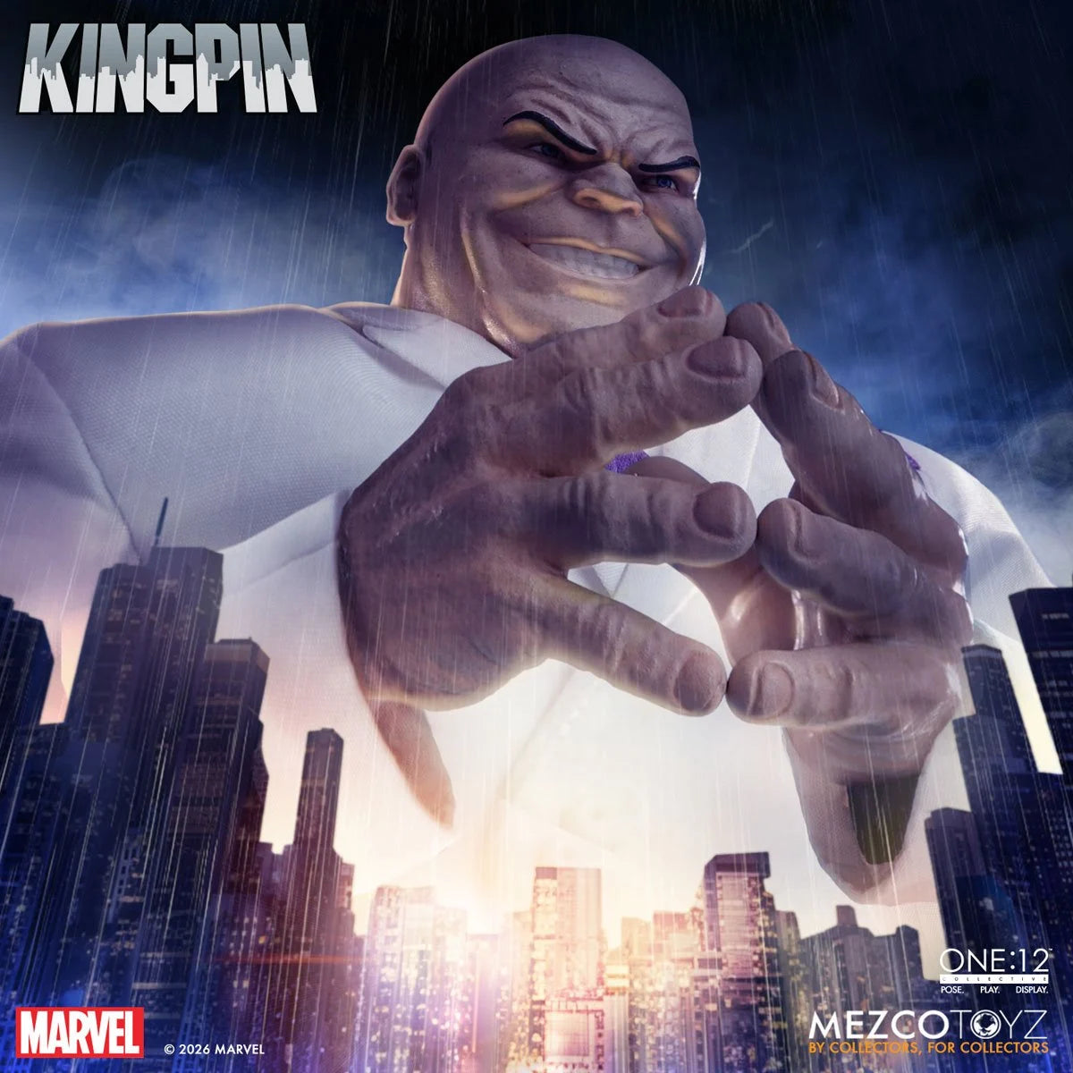 Kingpin One:12 Collective action figure by Mezco Toyz showing detailed sculpt and costume, posed with arms crossed.