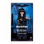 Monster High Wednesday Addams doll by Mattel featuring gothic style clothing and detailed facial features.