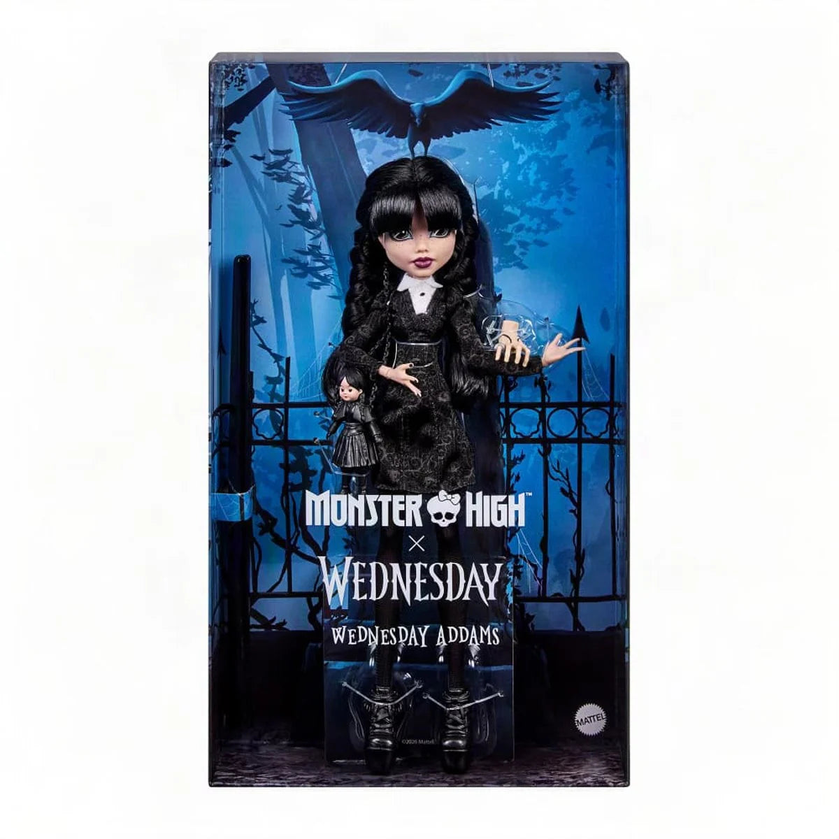 Monster High Wednesday Addams doll by Mattel featuring gothic style clothing and detailed facial features.