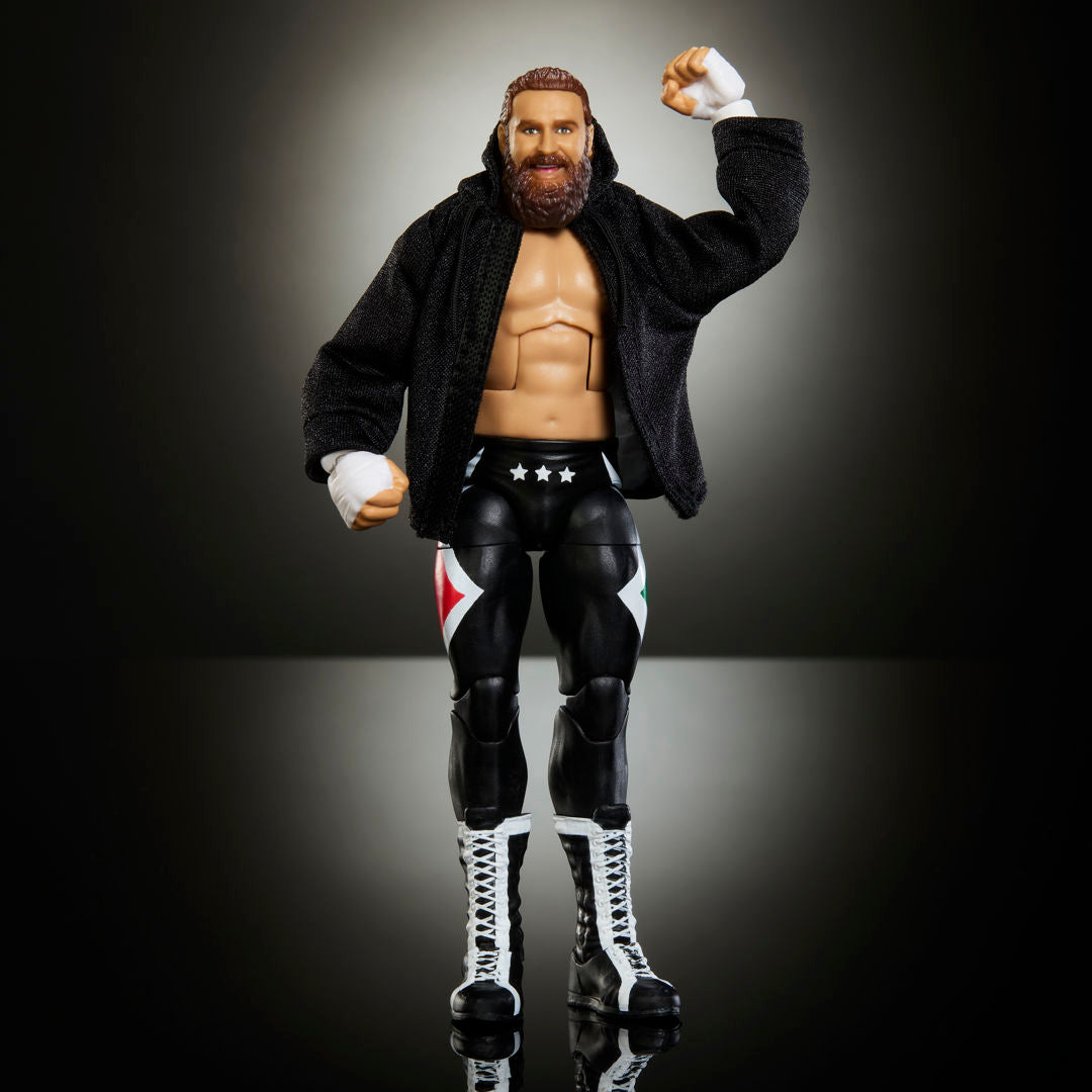 WWE Elite Collection Series 127 Sami Zayn action figure by Mattel featuring detailed wrestling attire and accessories.