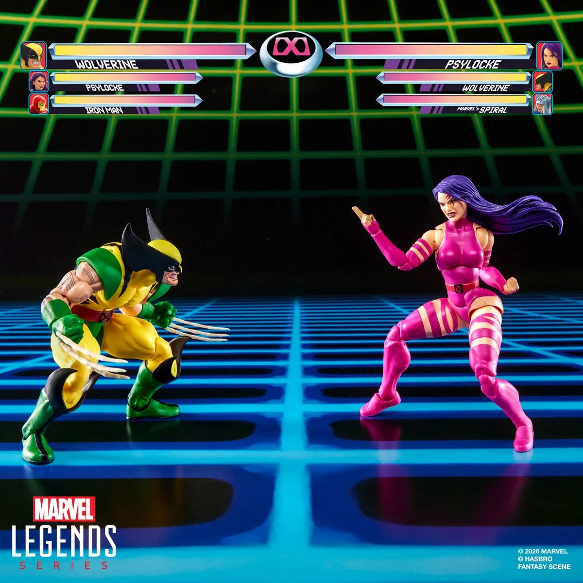 Marvel Legends Wolverine and Psylocke 6-inch action figures by Hasbro, detailed figures in dynamic poses.