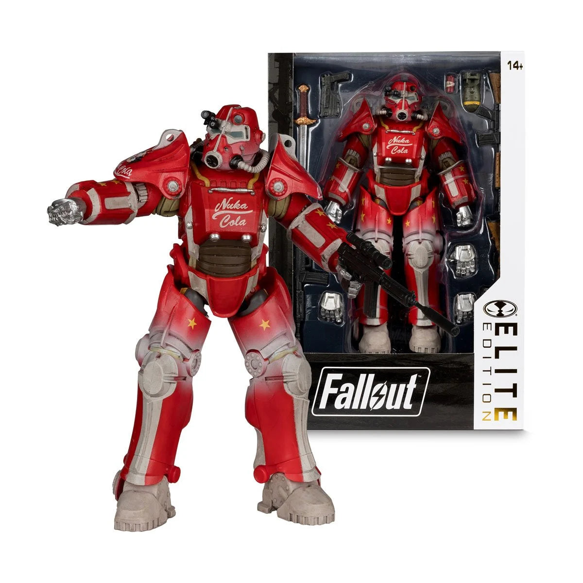Fallout T-45B Nuka Cola McFarlane Elite Edition 7-inch action figure with detailed armor and post-apocalyptic design, posed on a display stand.
