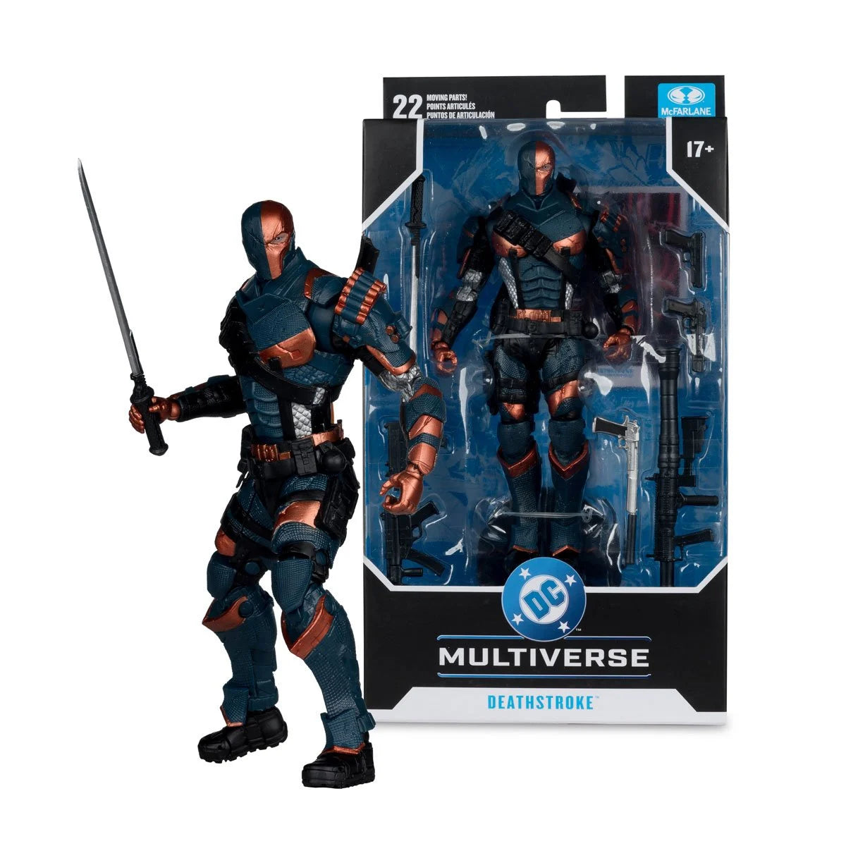 DC Multiverse Deathstroke Arkham Origins action figure by McFarlane Toys, 7-inch scale, detailed costume and weapon accessories.