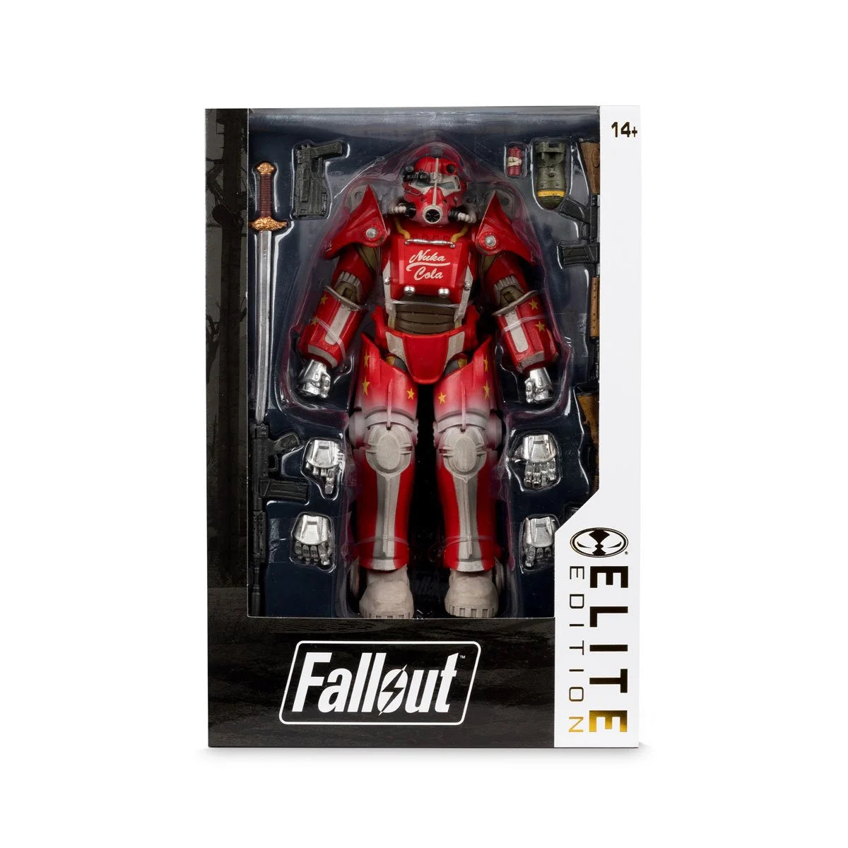 Fallout T-45B Nuka Cola McFarlane Elite Edition 7-inch action figure with detailed armor and accessories, posed for display.