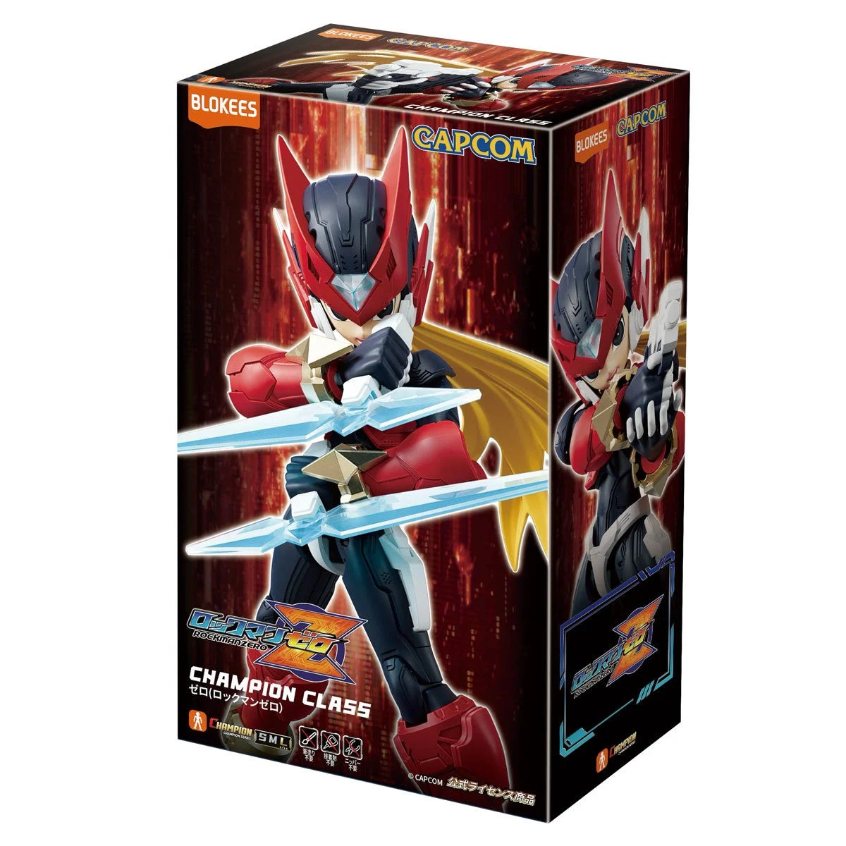 BLOKEES Mega Man Zero Champion Class 02 model kit assembled figure with detailed blue and white armor, posed dynamically.