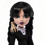 Mattel Monster High Wednesday Addams doll from the Wednesday series, detailed black and white fashion, iconic character pose.