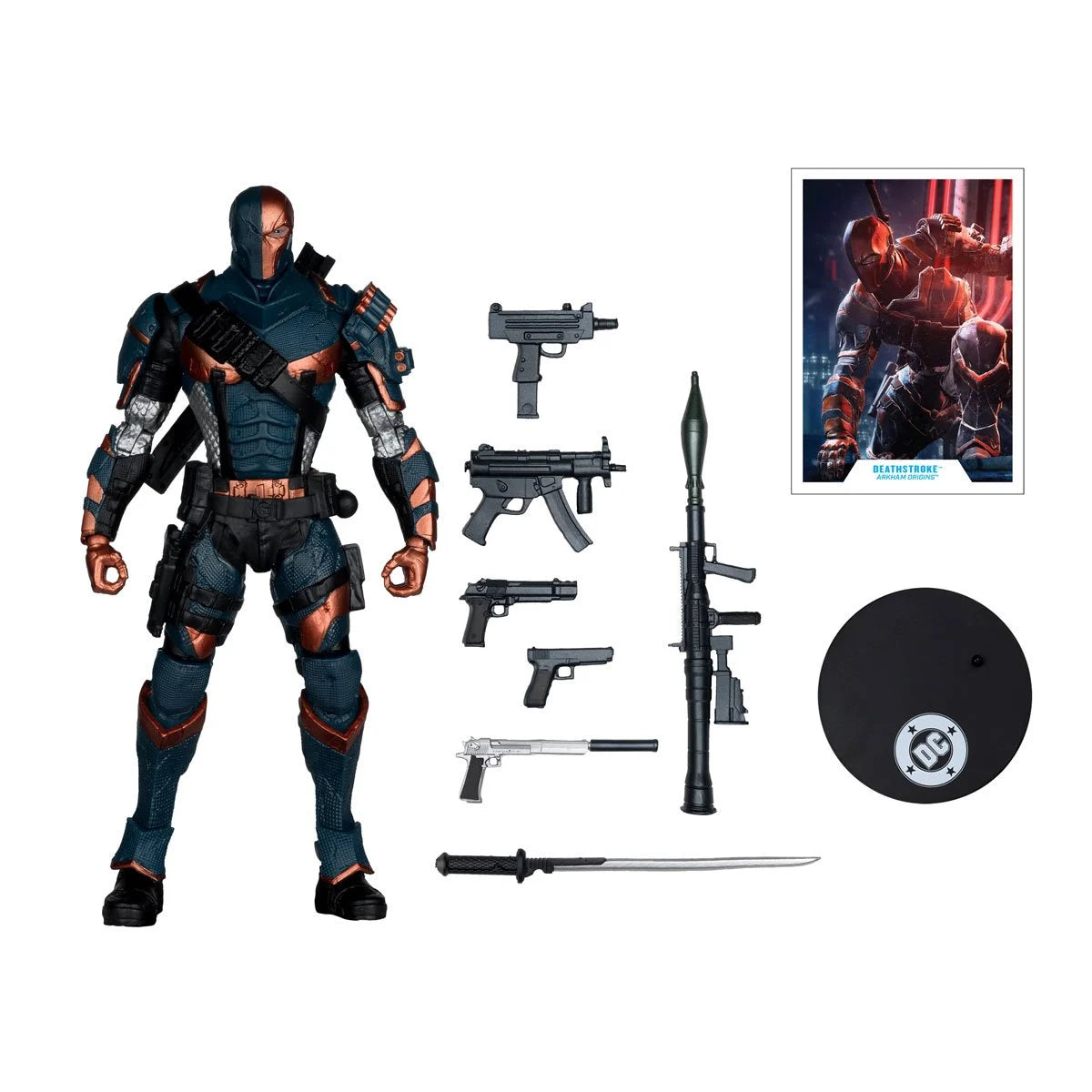DC Multiverse Deathstroke Arkham Origins action figure by McFarlane Toys, 7-inch scale, featuring detailed costume and accessories.