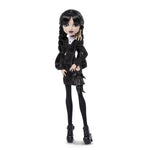 Monster High Wednesday Addams doll by Mattel featuring her signature black dress and braided hair from the Wednesday series.