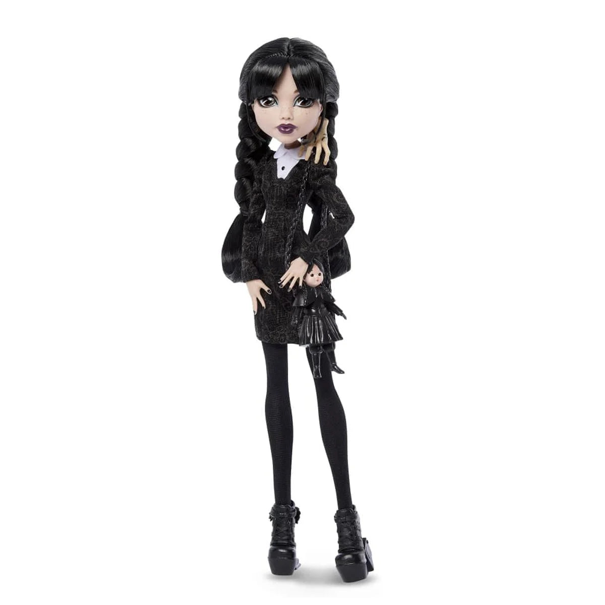 Monster High Wednesday Addams doll by Mattel featuring her signature black dress and braided hair from the Wednesday series.