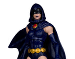 A collectible action figure of Robin Hood from DC Comics, featuring her signature dark blue hooded bodysuit, cape, and mask, with gold circular accents on her belt and chest, set against a plain white background.