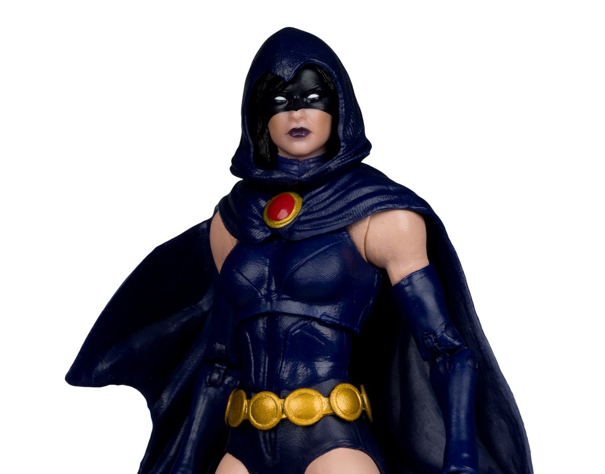 A collectible action figure of Robin Hood from DC Comics, featuring her signature dark blue hooded bodysuit, cape, and mask, with gold circular accents on her belt and chest, set against a plain white background.