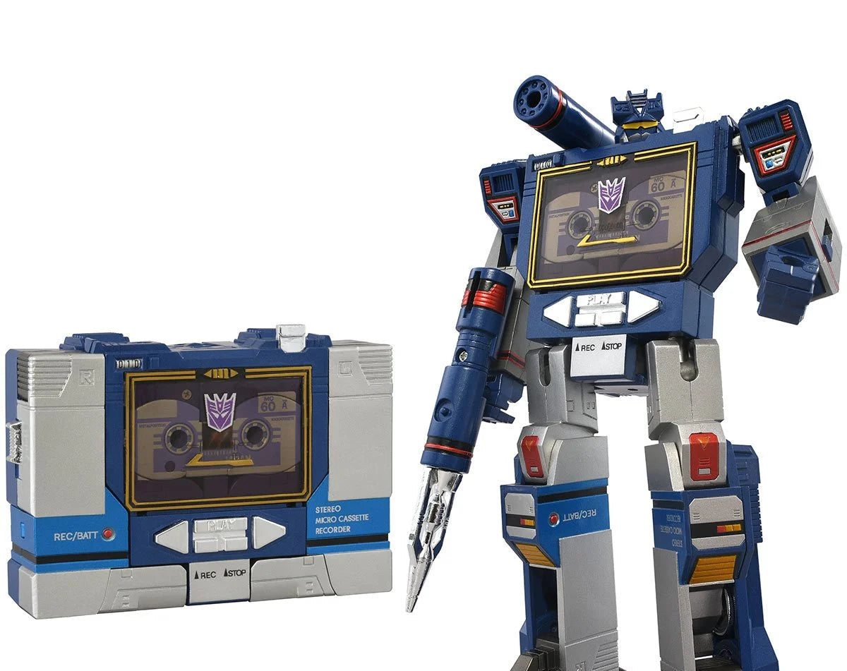 Transformers Missing Link D-01 Soundwave action figure by Hasbro with detailed robot and cassette tape design.