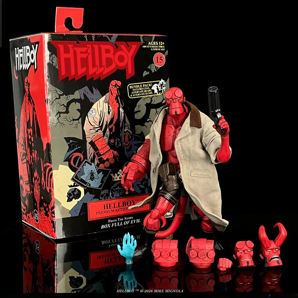Hellboy Box Full of Evil 1:12 scale Deluxe action figure by Boss Fight Studios with accessories, detailed character features.