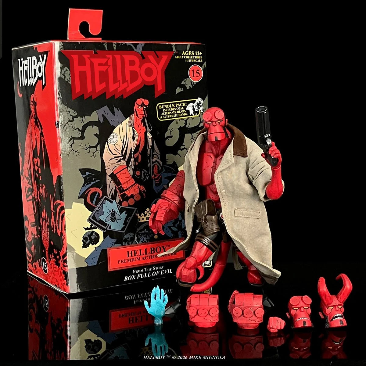 Hellboy Box Full of Evil 1:12 scale Deluxe action figure by Boss Fight Studios with accessories, detailed character features.