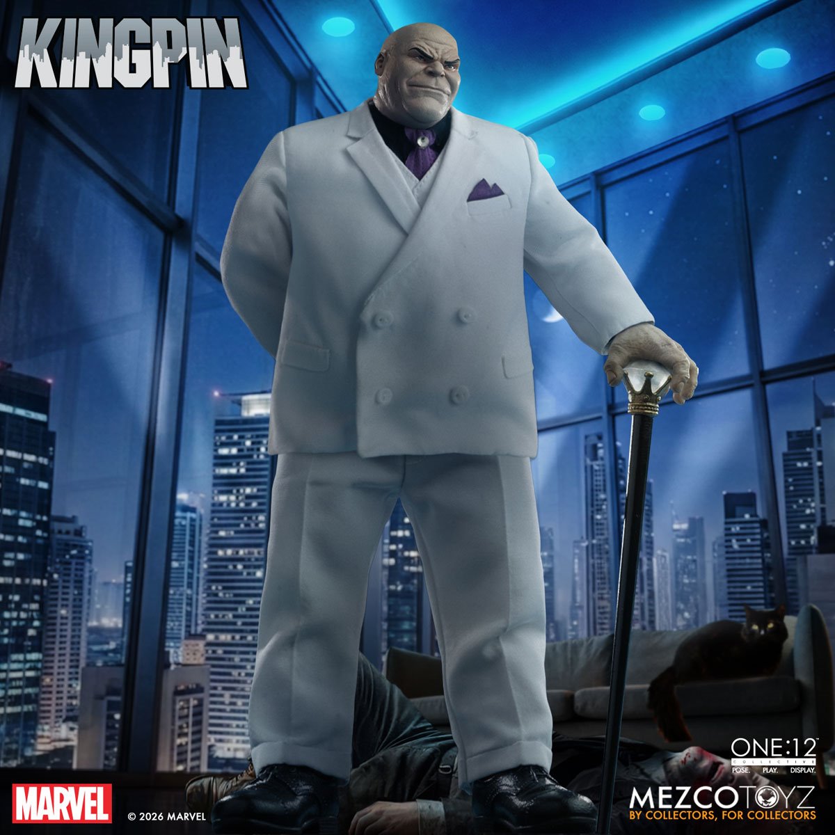 Kingpin One:12 Collective action figure by Mezco Toyz, detailed Marvel villain with articulated pose and intricate costume features.
