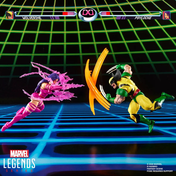 Marvel Legends Wolverine and Psylocke 6-inch action figures on display, detailed Hasbro X-Men collectible figures.