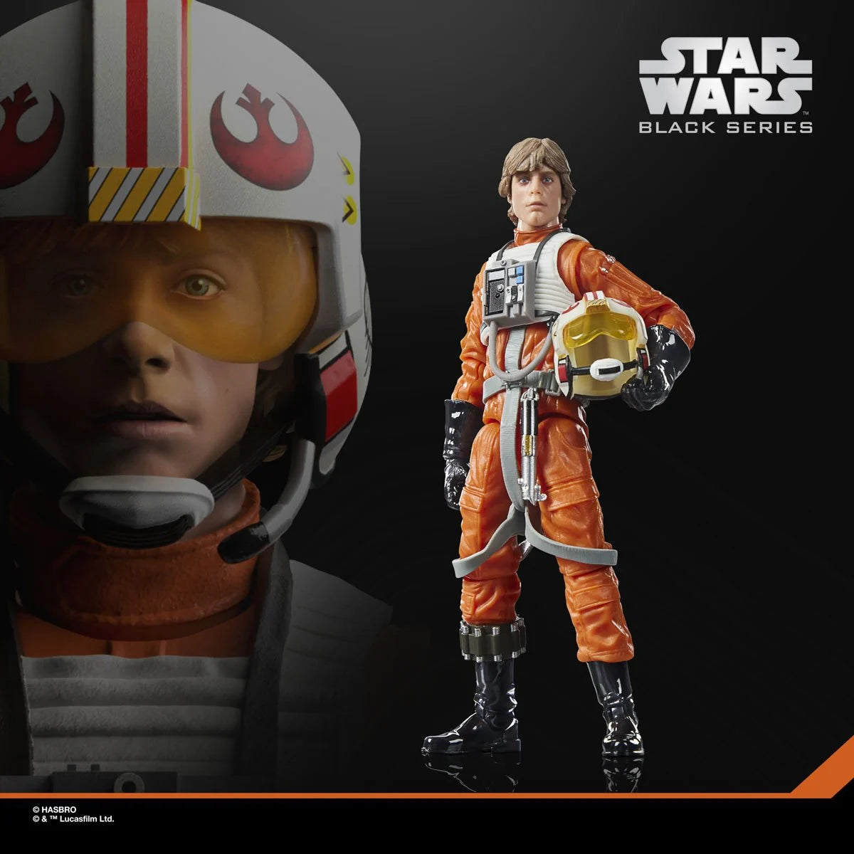 Star Wars Black Series Luke Skywalker X-Wing Pilot 6-inch action figure posed with helmet and detailed costume.