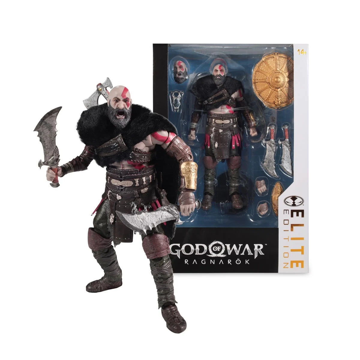 McFarlane Toys God of War Ragnarok Kratos Elite Edition 7-inch deluxe gaming action figure with detailed sculpt and accessories.