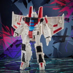 Transformers Shattered Glass Collection Voyager Starscream action figure by Hasbro, showing detailed robot mode with sleek design.
