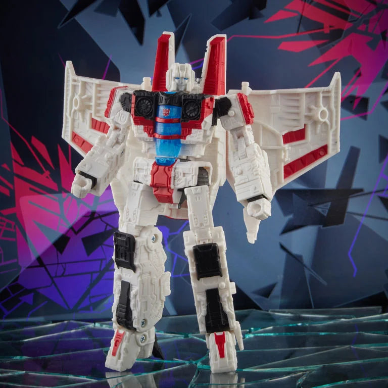 Transformers Shattered Glass Collection Voyager Starscream action figure by Hasbro, showing detailed robot mode with sleek design.