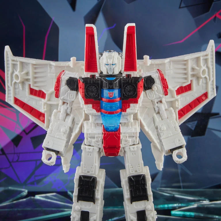 Transformers Shattered Glass Collection Voyager Starscream action figure by Hasbro, detailed robot figure with red and gray accents.