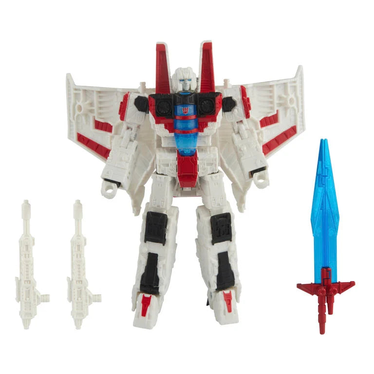 Transformers Shattered Glass Collection Voyager Starscream action figure by Hasbro, detailed robot toy with wings and vibrant colors.