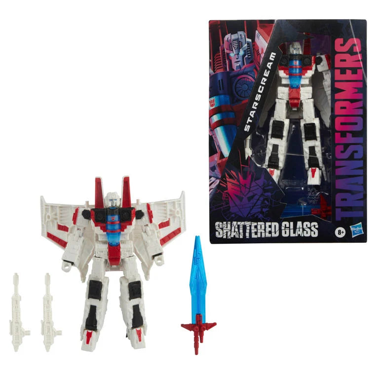 Transformers Shattered Glass Collection Voyager Starscream action figure by Hasbro, featuring detailed robot mode and vibrant colors.