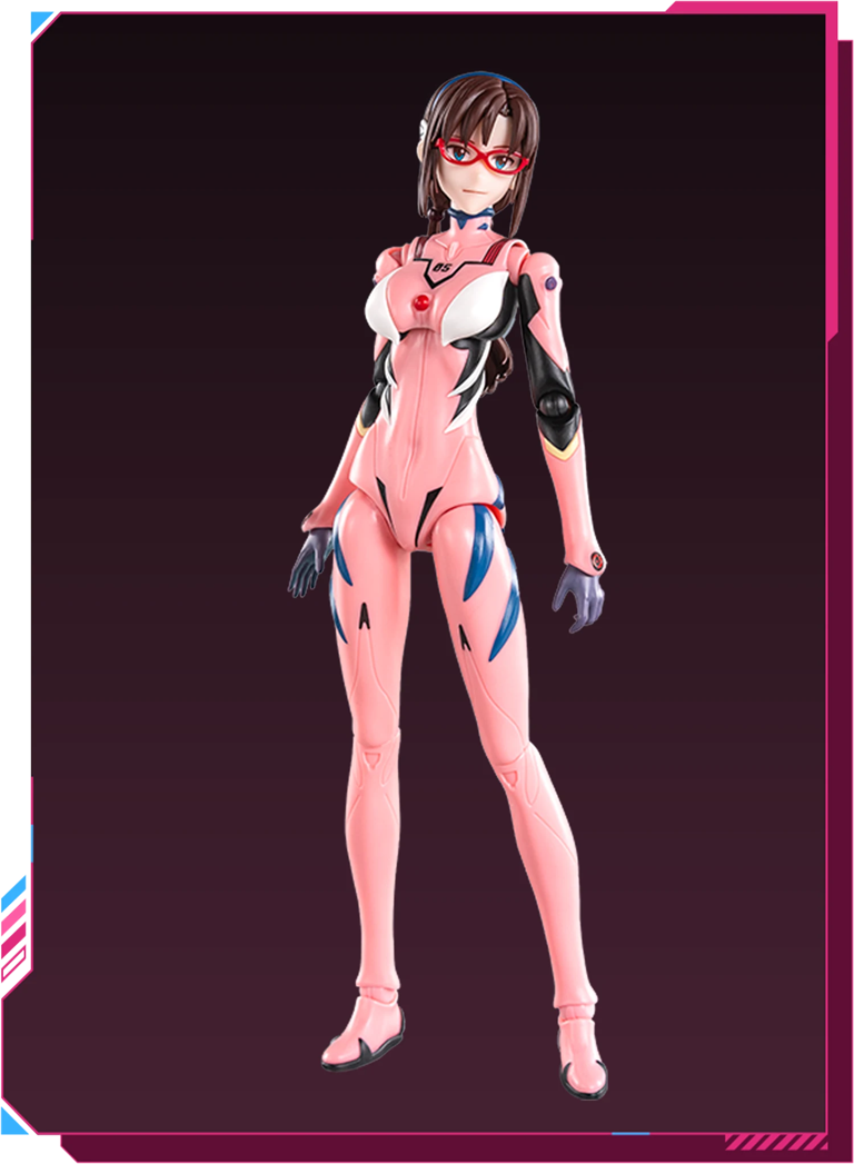 BLOKEES Neon Genesis Evangelion Mari Makinami Ilustrious plug suit model kit featuring detailed figure with vibrant suit and accessories.