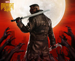 A collectible action figure of a man from behind wearing a dark brown textured coat and holding a katana, set against a red cityscape with a large moon and zombie hands reaching up. Visible logos include Marvel, Midnight Suns, and Mezco Toyz One:12.
