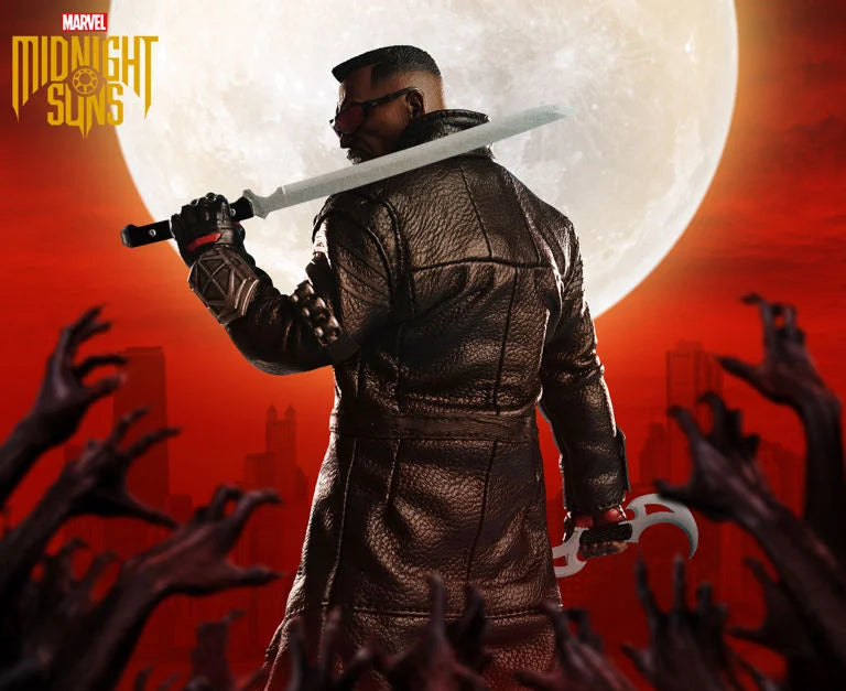 A collectible action figure of a man from behind wearing a dark brown textured coat and holding a katana, set against a red cityscape with a large moon and zombie hands reaching up. Visible logos include Marvel, Midnight Suns, and Mezco Toyz One:12.