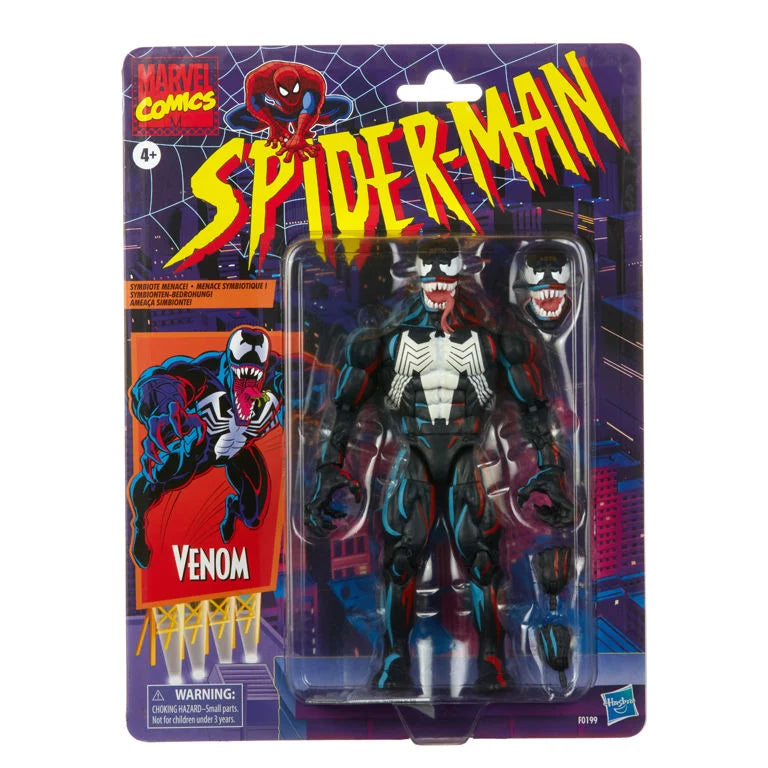 Marvel Legends Spider-Man Venom action figure by Hasbro from the Retro Collection, detailed figure with dynamic pose and vibrant colors.