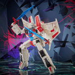 Transformers Shattered Glass Collection Voyager Class Starscream action figure by Hasbro, showcasing detailed robot design and vibrant colors.