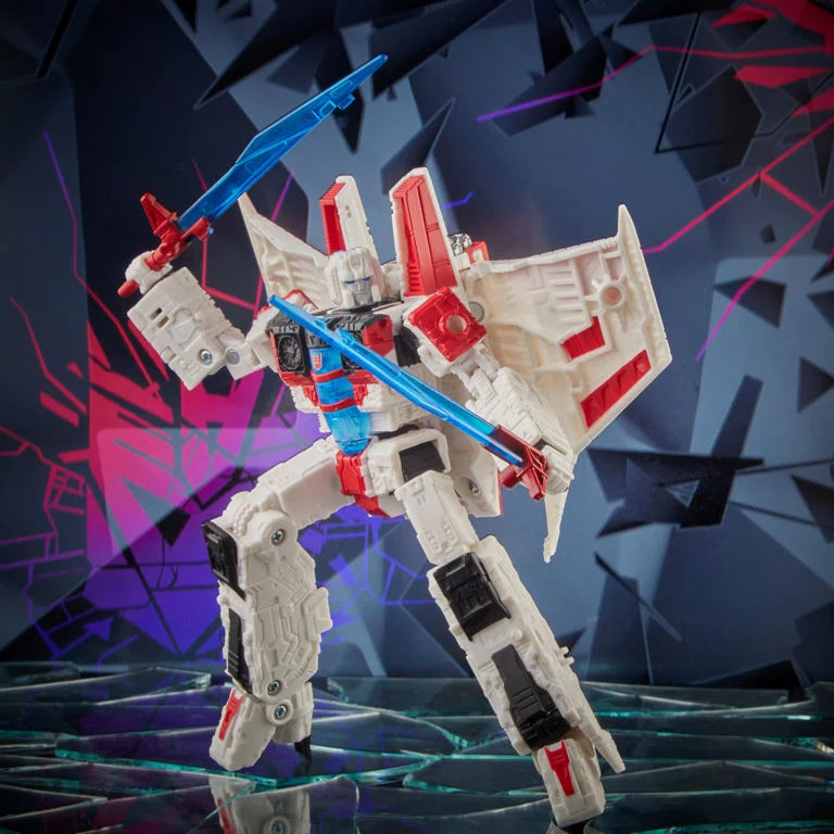 Transformers Shattered Glass Collection Voyager Class Starscream action figure by Hasbro, showcasing detailed robot design and vibrant colors.