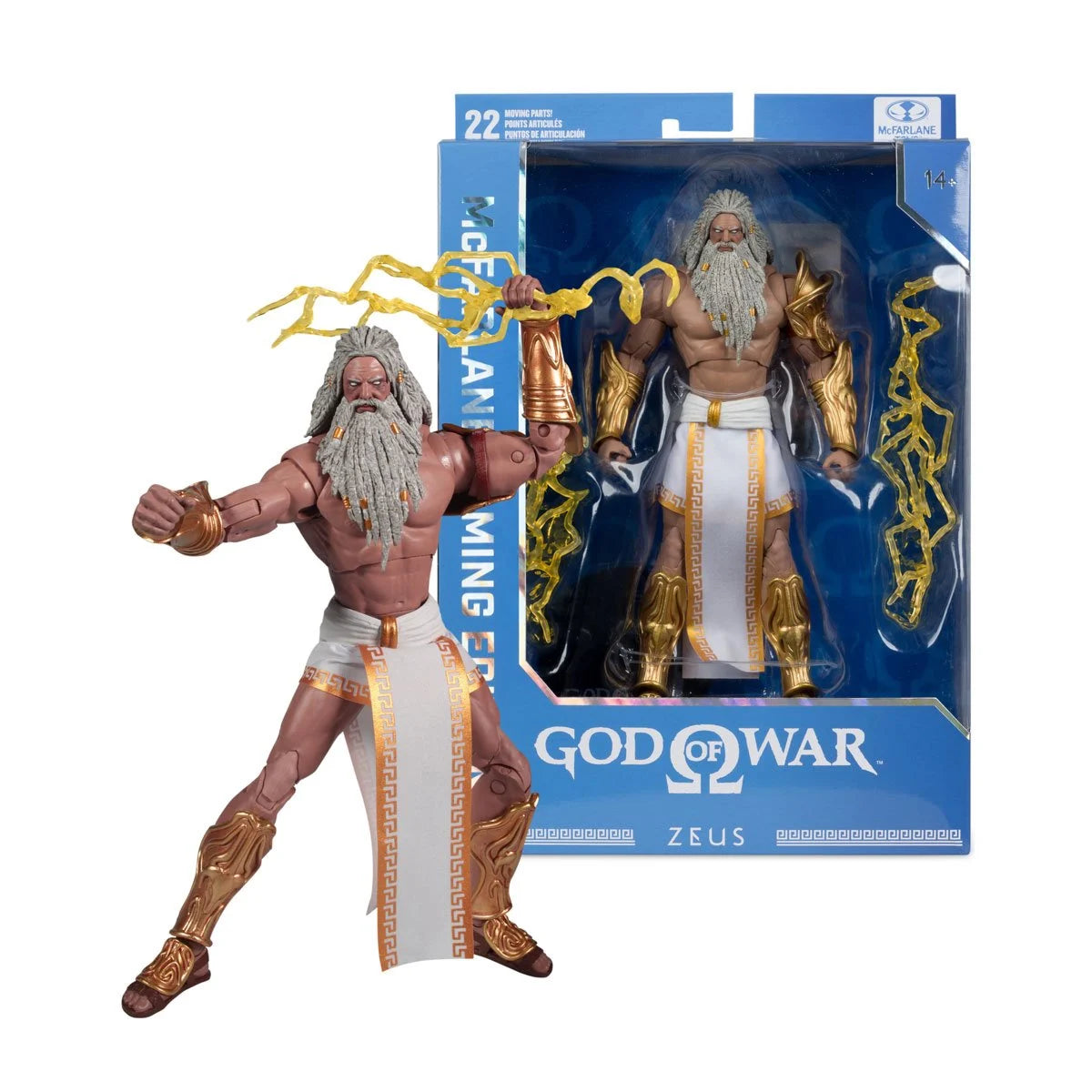 McFarlane Toys God of War Wave 2 Zeus gaming edition 7-inch action figure with detailed armor and poseable limbs.