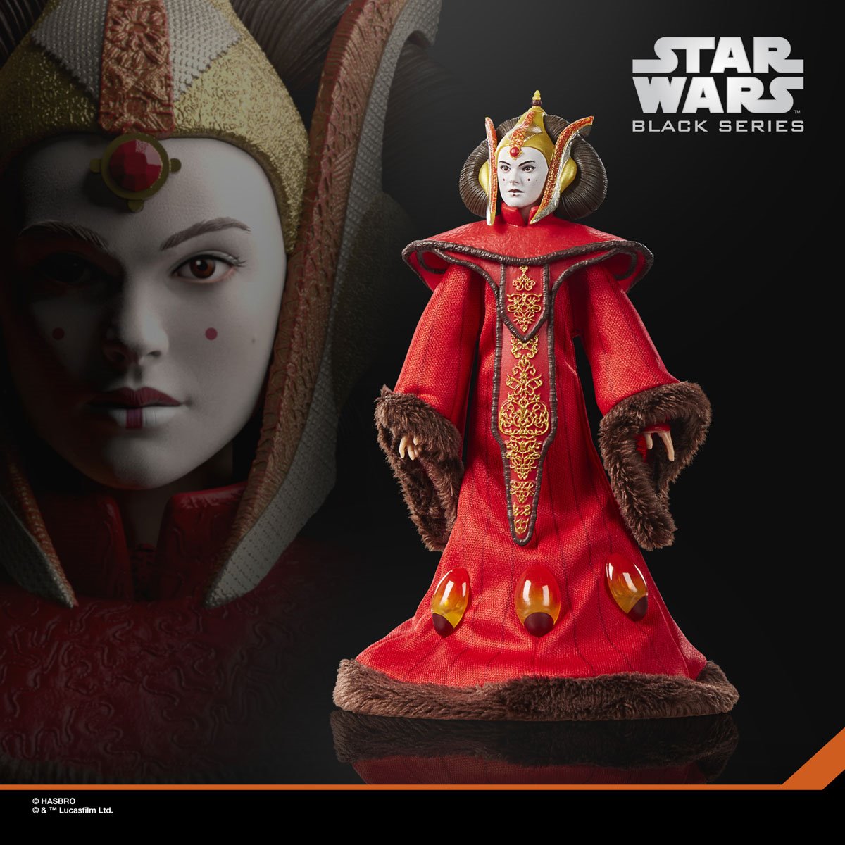 Star Wars Black Series Queen Amidala 6-inch action figure by Hasbro, detailed figure with regal costume and accessories.