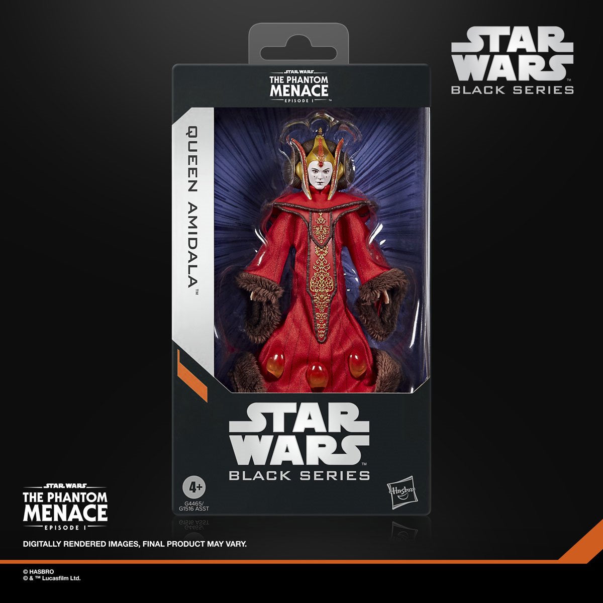 Star Wars Black Series Queen Amidala 6-inch action figure by Hasbro with detailed costume and accessories.