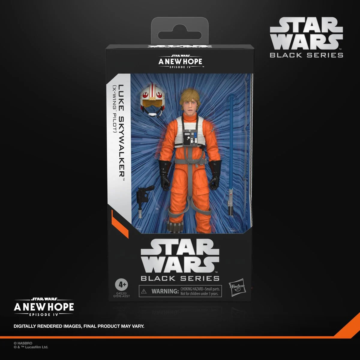 Star Wars Black Series Luke Skywalker X-Wing Pilot 6-inch action figure by Hasbro, displaying detailed costume and accessories.
