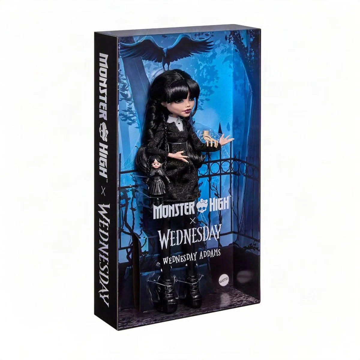 Mattel Monster High Wednesday Addams Doll from the Wednesday series, featuring her iconic gothic outfit and braided hair.
