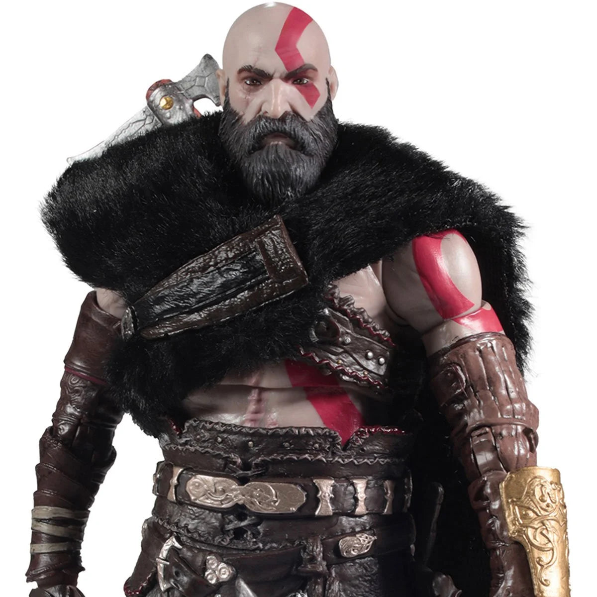 God of War Ragnarok Kratos McFarlane Elite Edition 7-inch deluxe action figure posed with weapons and detailed armor.
