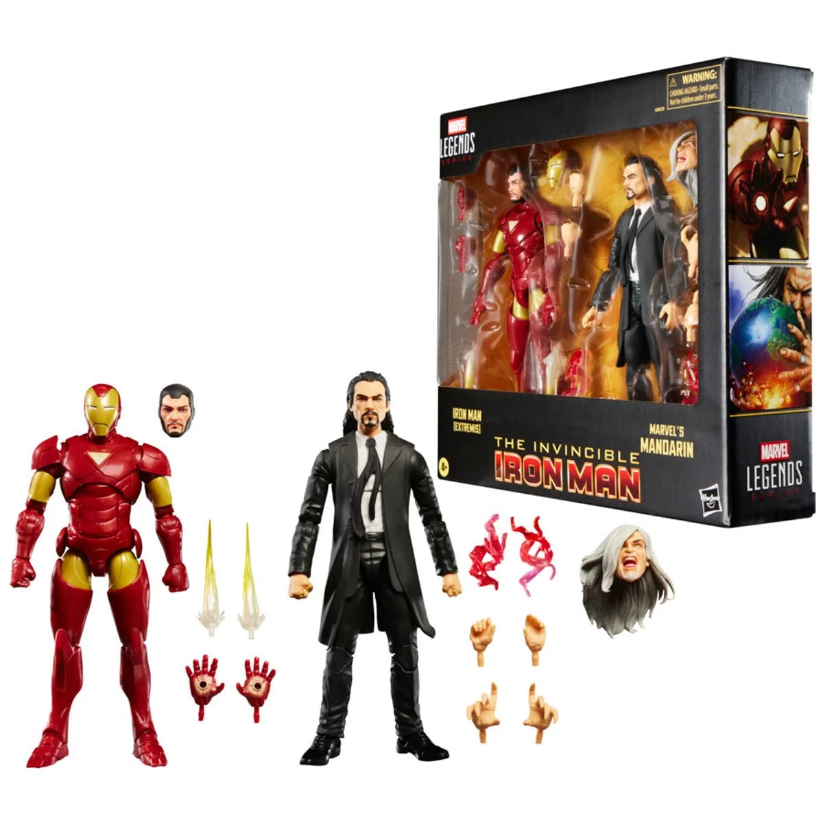 Marvel Legends Iron Man Extremis and Mandarin 6-inch action figures by Hasbro, detailed superhero collectibles on display.