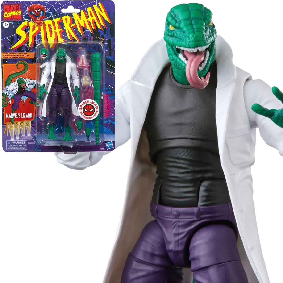 Marvel Legends Spider-Man Retro Lizard action figure by Hasbro, 6-inch toy with detailed lizard costume and dynamic pose.