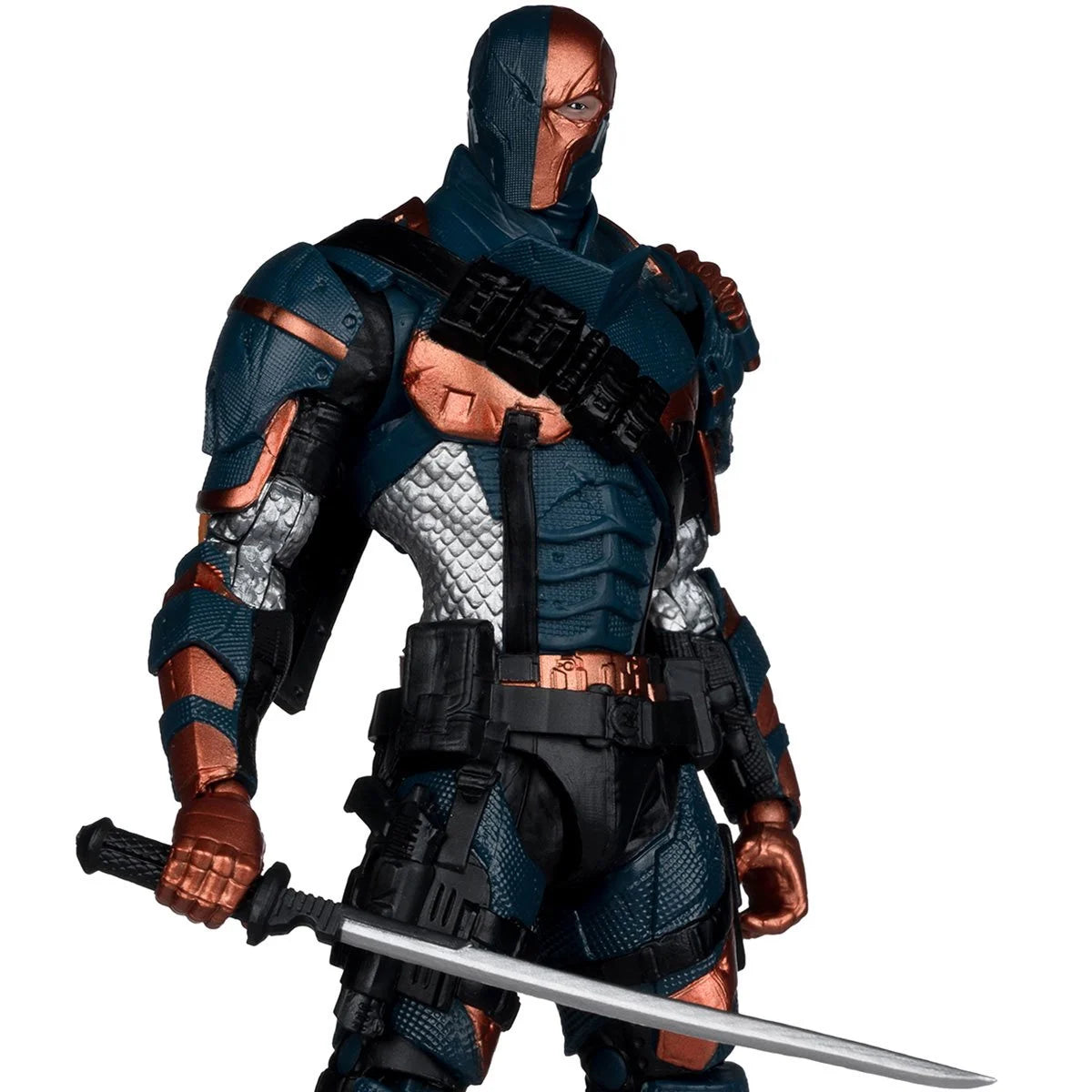 DC Multiverse Wave 31 Deathstroke Arkham Origins 7-inch scale action figure by McFarlane Toys, featuring detailed costume and weaponry.