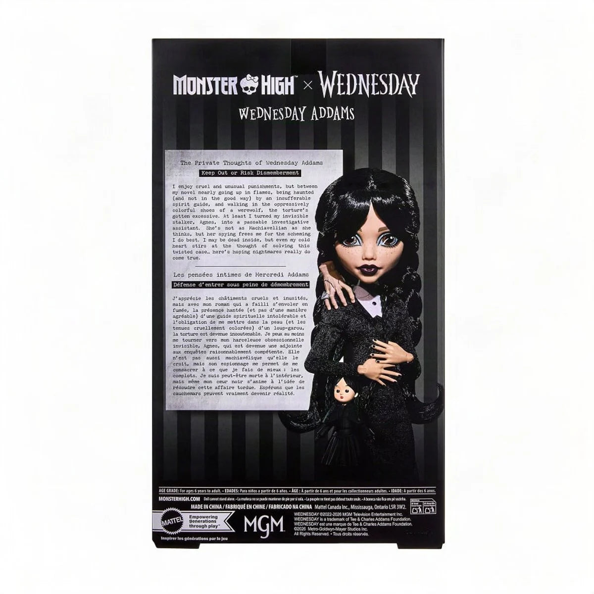 Monster High Wednesday Addams doll by Mattel, featuring her signature black dress and braided hairstyle, collectible character toy.