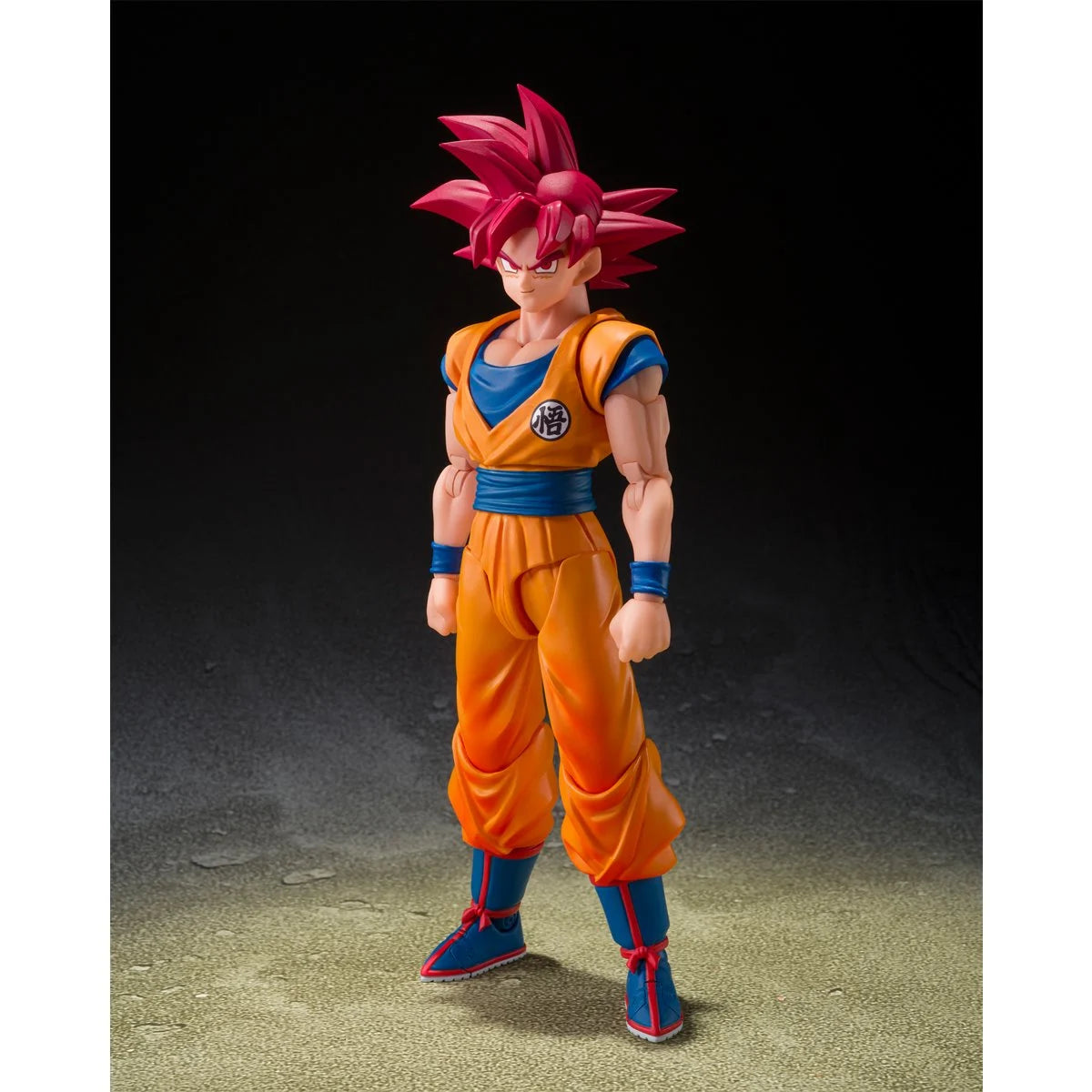Bandai S.H. Figuarts Dragon Ball Super Saiyan God Son Goku action figure with glowing god aura and detailed character design.