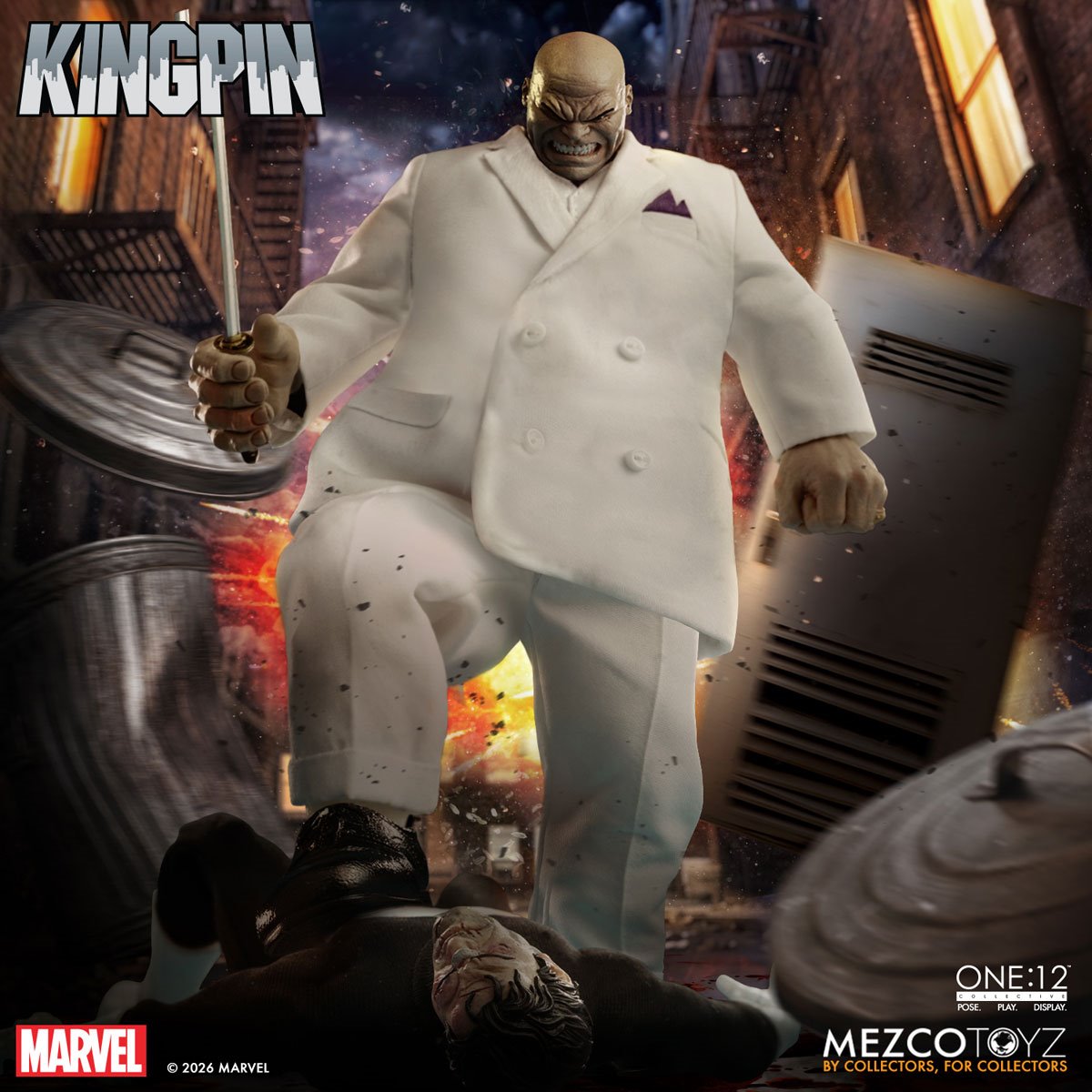 One:12 Collective Kingpin action figure by Mezco Toyz, detailed Marvel character with multiple accessories and poseable joints.