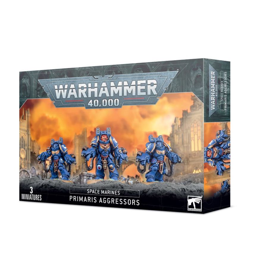 Warhammer 40k Space Marines Aggressor Squad from Games Workshop, featuring detailed primaris assault figures with armor and weaponry.